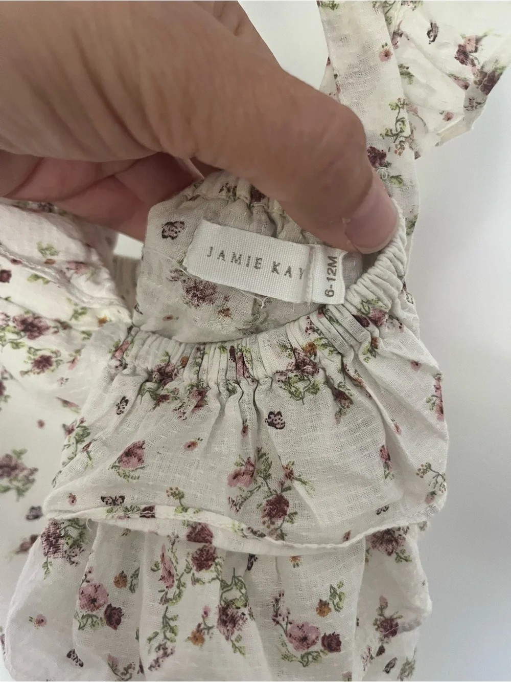 Jamie Kay White and pink floral ruffled bubble romper size 6-12 months